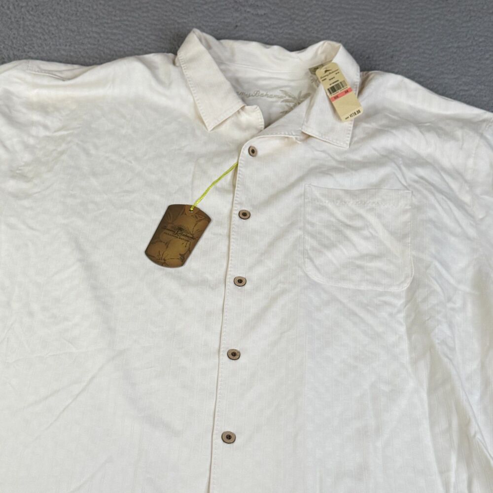 TOMMY BAHAMA Shirt Men 3XB  Ivory Tiki Bay Subtle Stripe Silk Loop Collar Button